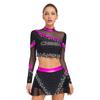 Womens Cheerleading Costume Set Long Sleeve Rhinestone Crop Top Matching Dance Skirt Performance Outfit