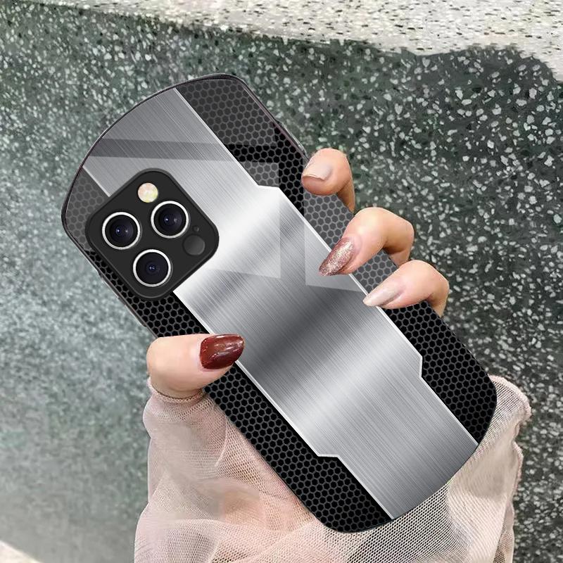Mesh Metallic Black For IPhone 16 Pro Max 11 12 Mini 13 14 P Lus 15 Plus 7 8 Se 2020 X Xs Elliptical Tempered Glass Phone Case