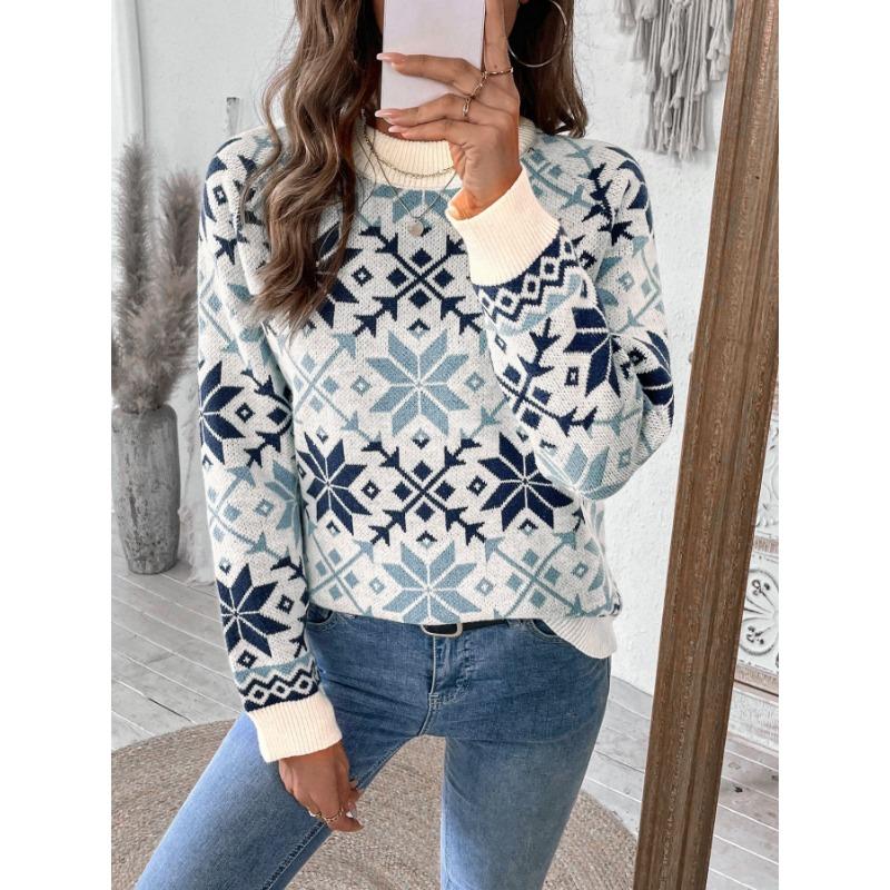 Women Vintage Nordic Style Long Sleeve Knit Sweater Snowflake Pattern