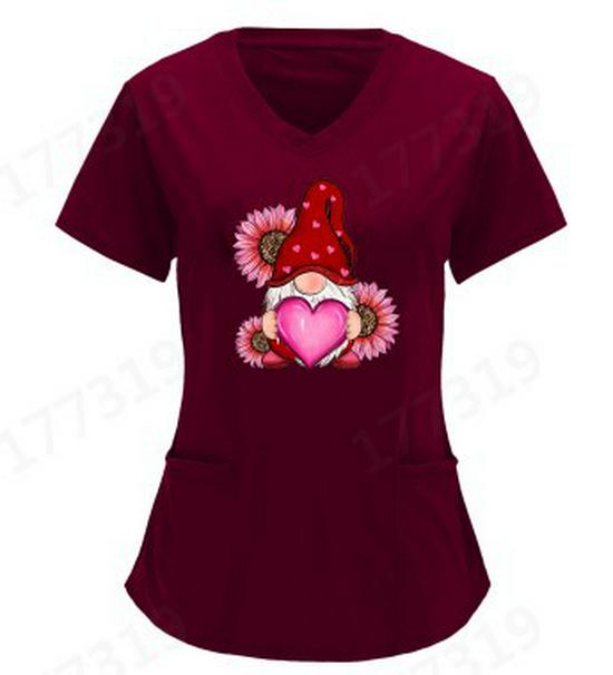 European and American Nurse Caregiver V-Neck Print Shirt with Large Pocket, Short Sleeve T-shirt for Women