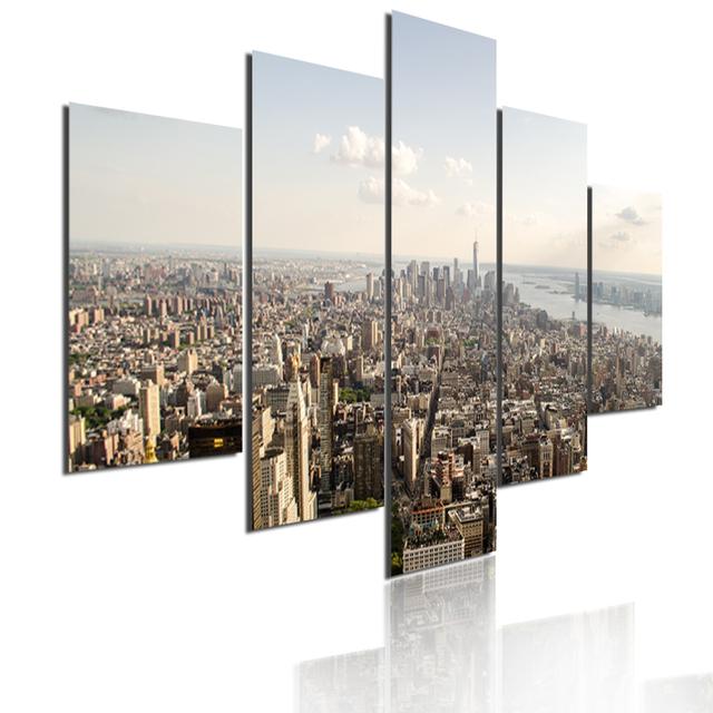 5 Pieces Modular Picture Bustling Cityscape Poster HD Printed Wall Art Modern Metropolis Skyscrapers Canvas Painting Home Decor