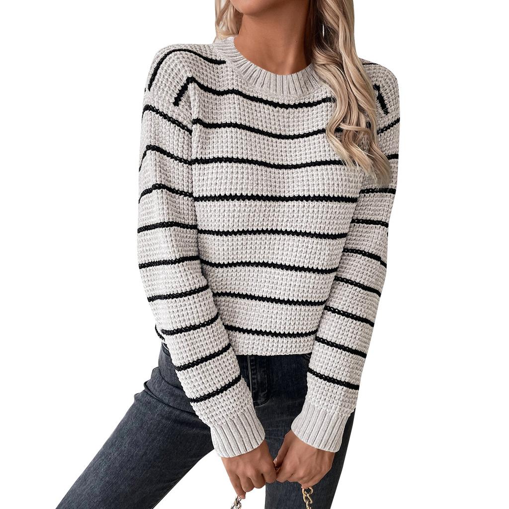 Gestreifter Pullover für Damen, Rundhalsausschnitt, lange Ärmel, Farbblock-Strickoberteile, lässiger Strickpullover, trendige Herbstkleidung