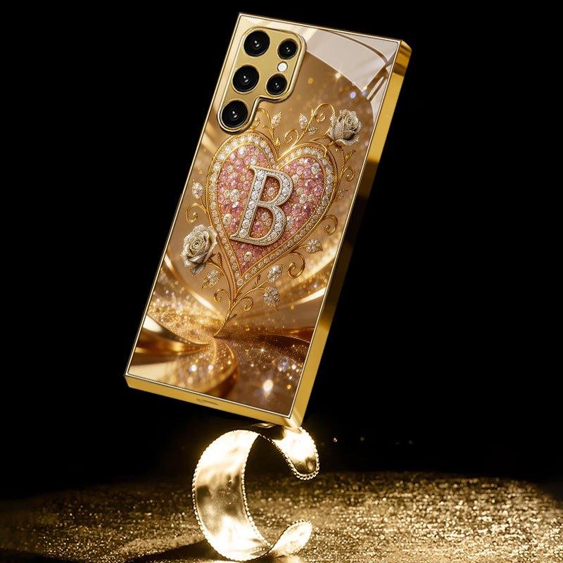 gold-plated phone compatible with Samsung Galaxy S26 S25 S24 S23 S22 Ultra Plus. made  tempered glass decorated heart pattern