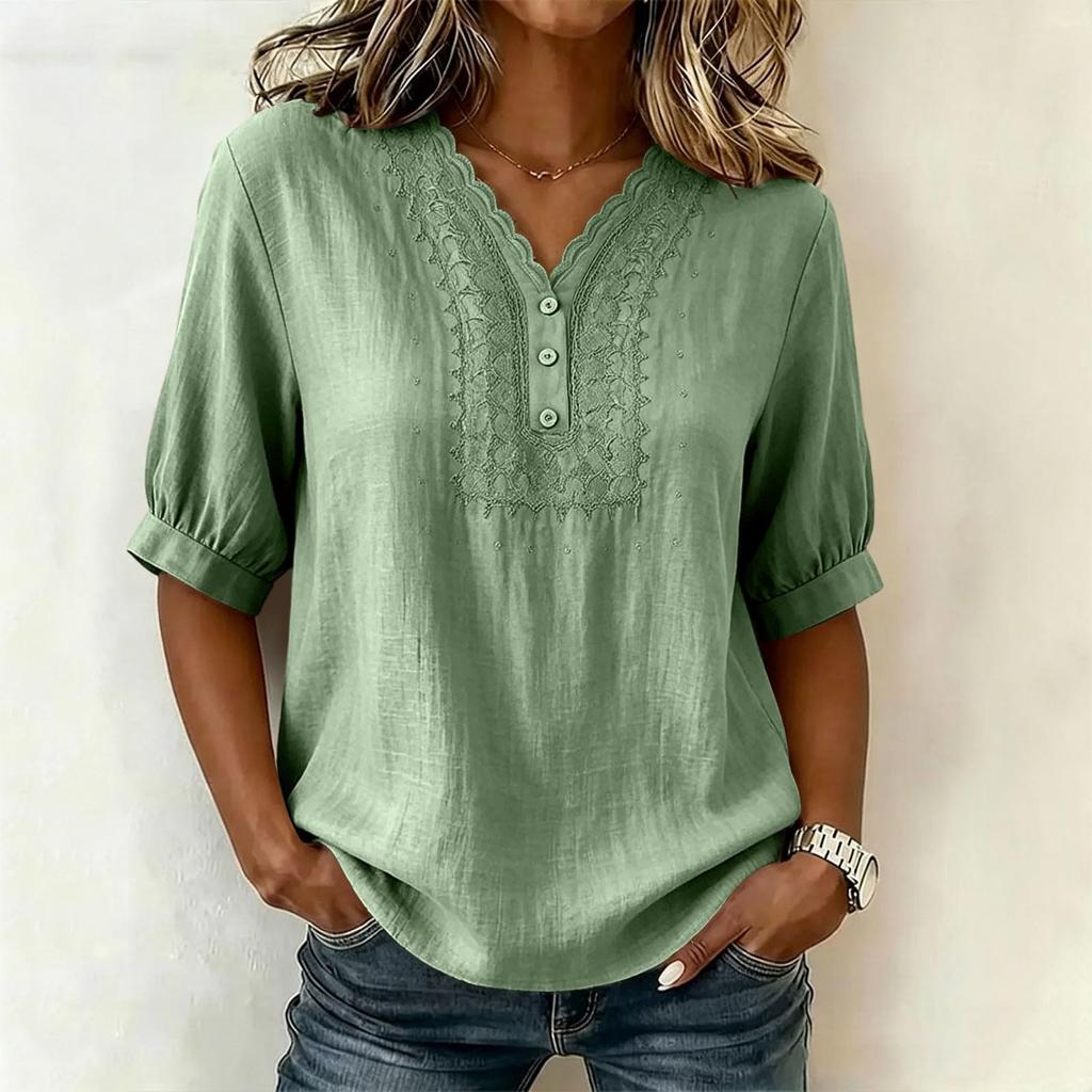 Women's Embroidered Blouse, V-Neck Button Front Short Sleeve Shirt, Casual Summer Top