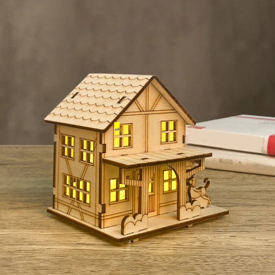Wooden LED Lighted House Ornament Handcrafted Glowing Christmas House Decoration Xmas Holiday Party Desktop Decor