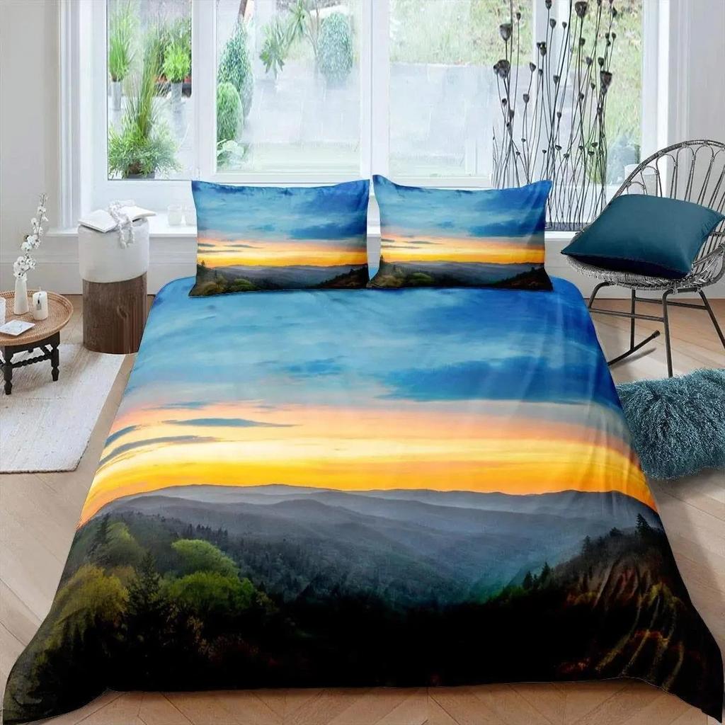 Dumanlı Dağ Nevresim Takımı Çam Ağaçları Yorgan Kılıfı Erkek Çocuk Manzara Yorgan Kılıfı Doğal Manzara Sanat Polyester Yatak Takımı