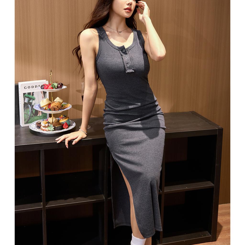 Vest Dress Summer Suspender Long Skirt Sleeveless Solid Color Cotton Waist-lifting and Slimming Tight Temperament Button Skirt