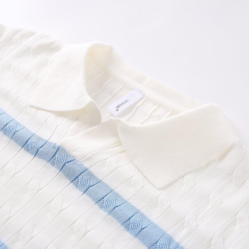 2026 Japanese Style White Striped Lapel Polo Knit T-Shirt for Men - Summer Short Sleeve