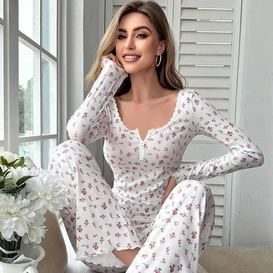 Completo Sexy da Notte da Donna in Pizzo con Pantaloni Floreali a Manica Lunga, Set Due Pezzi Casual Slim Fit