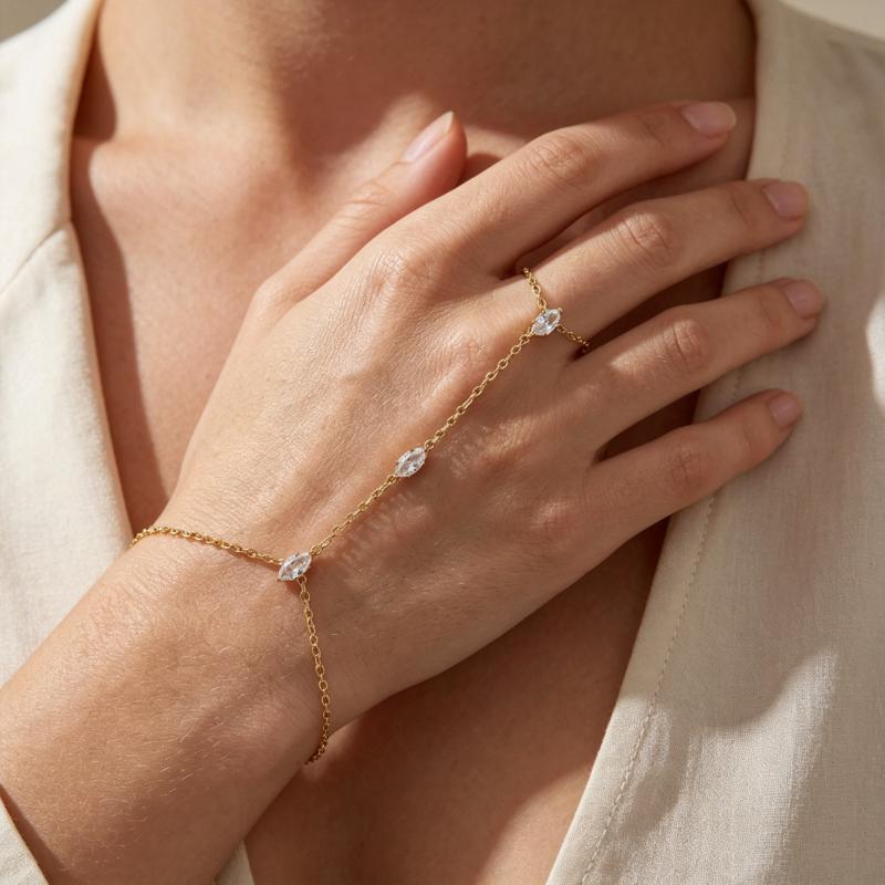 Retro Diamond Copper Zircon Finger Chain Ring For Women Stylish Simple Fashionable Jewelry Gift
