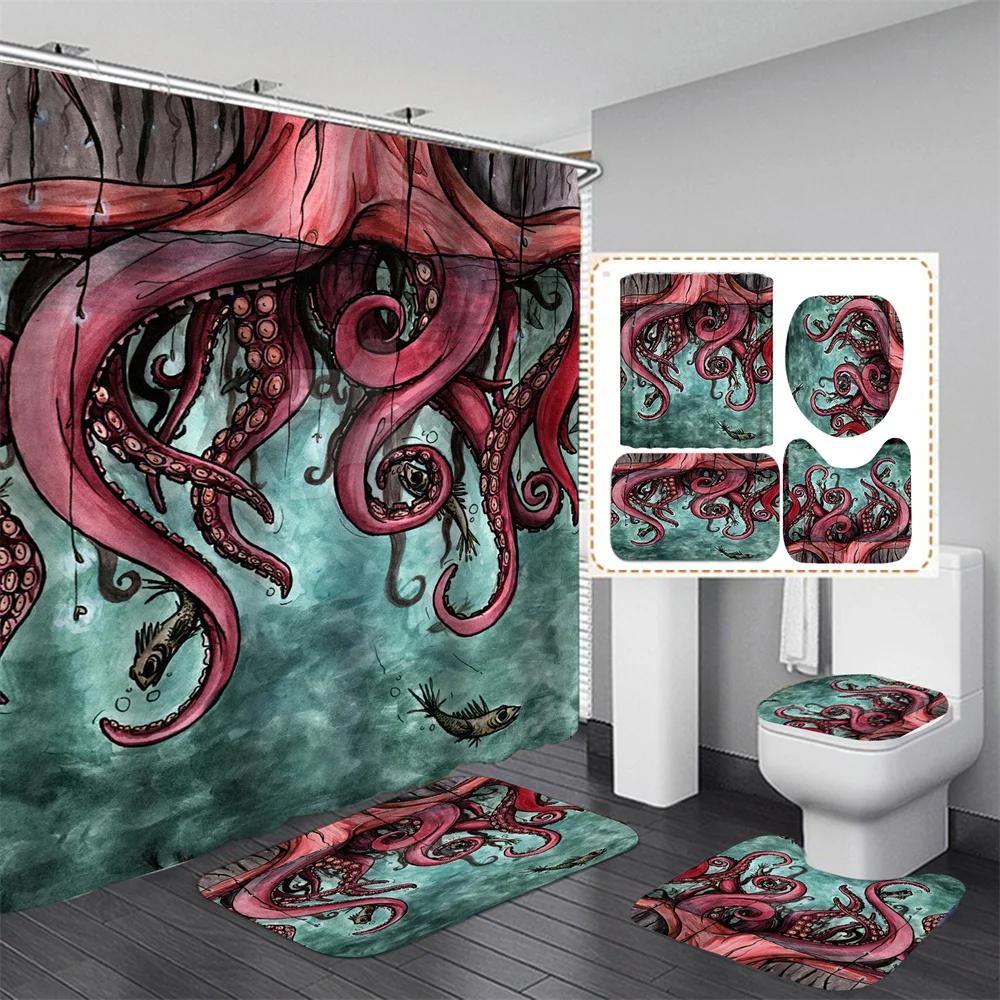 Ocean Monster Octopus Print Shower Curtain Set Waterproof Bathroom Curtain Set With Rugs Toilet Cover Mat For Bathroom Decor