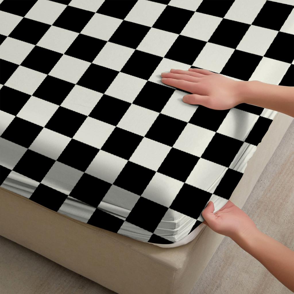 1pc Black White Grid Printed Fitted Sheet 100% Polyester Durable Bedding Set Sheet Ffor Home Bedroom Decoration Birthday Gift