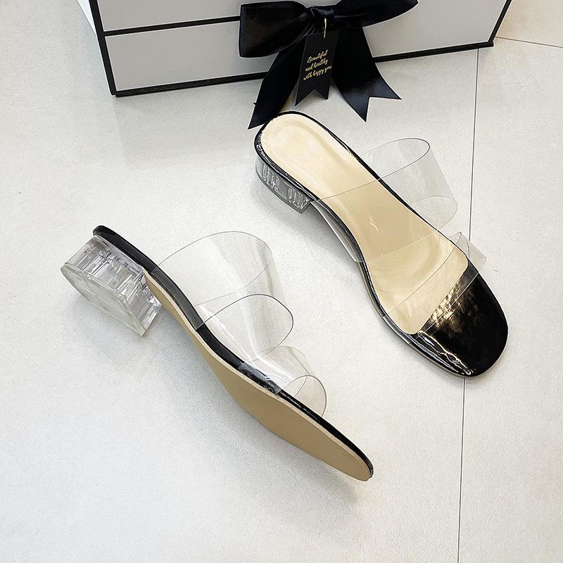 Women's Chunky Heel Summer Slippers: Transparent One-Strap, Crystal High Heel, Half-Slippers for Outdoor Wear