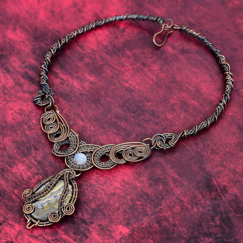 Schalenblende Necklace Copper Wire Wrapped Rainbow Moonstone Necklace Gemstone Copper Jewelry Handmade Necklace Gifts for Her Unique Jewelry