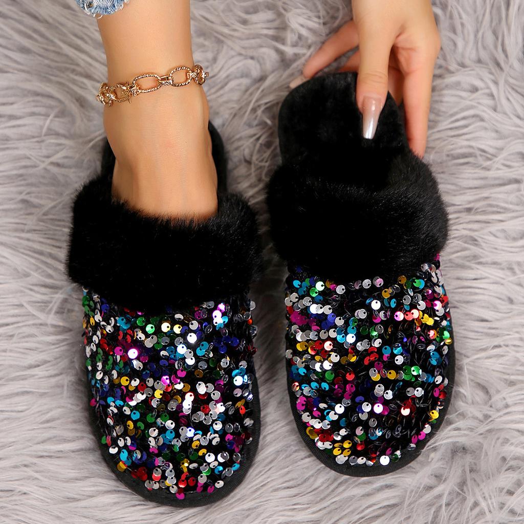 Fashion Shining Sequins Home Fur Slippers Women 2024 Winter Warm Plush Flat Cotton Shoes Woman Indoor Bedroom Soft Sole Fluffy Slippers
