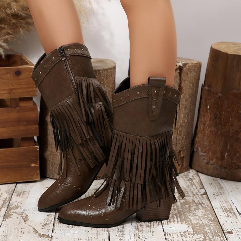 Vintage Tassel Boots 2025 Winter New Rivet Pointed Toe Plus Size Western Mid-leg Boots