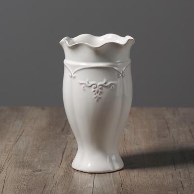 White Ceramic Flower Vase Embossed Vine Home Decor Modern for Bouquet Wavy Mouth Decorative
