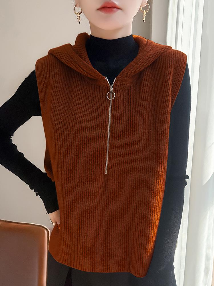Elegant Half-Zip Hooded Knit Vest: Women's Sleeveless Lapel Cardigan Sweater - Loose and Warm Layering Top
