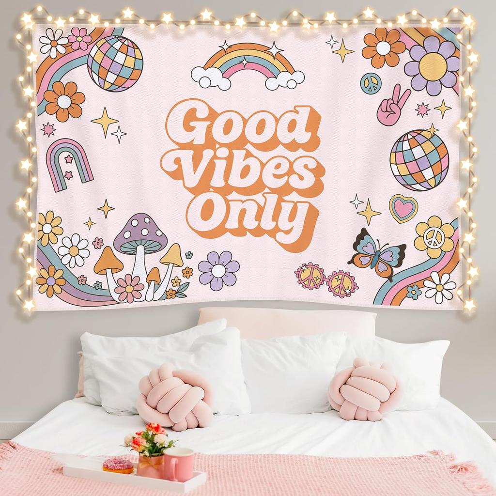 Groovy "Good Vibes Only" Tapestry, Calming Wall Art with Retro Flowers, Mushrooms & Disco Balls, Ideal for Home & Teen Spaces