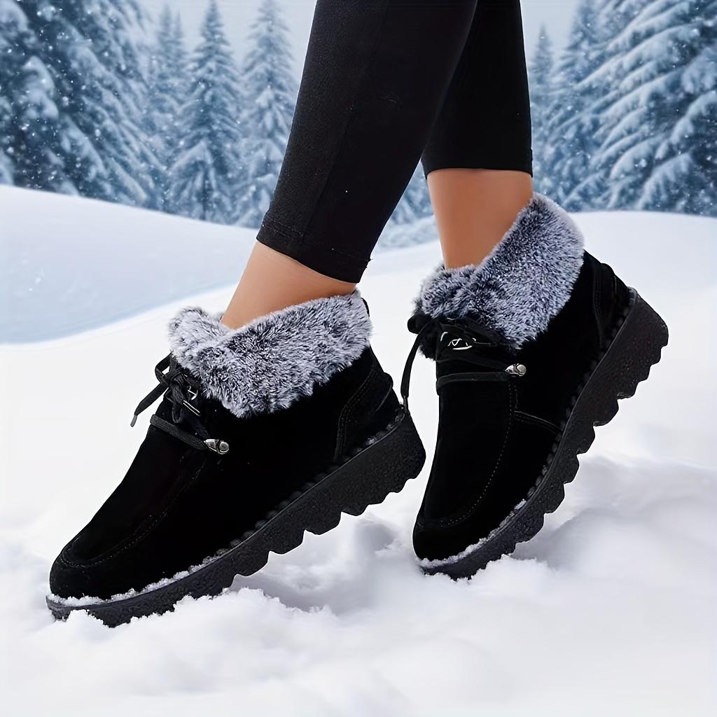 Women'S Winter Ankle Boots - Cozy Fleece-Lined Round Toe Lace-Up Boots with Thick Sole, Black & Gray Plush Design, for Cold Weather