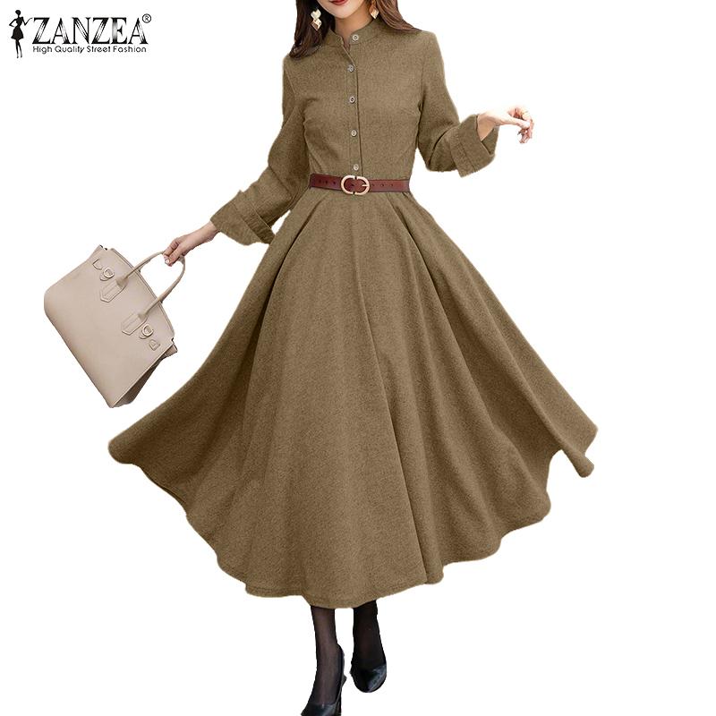 ZANZEA Women Stand Collar Long Sleeve Casual Full Flared Dress