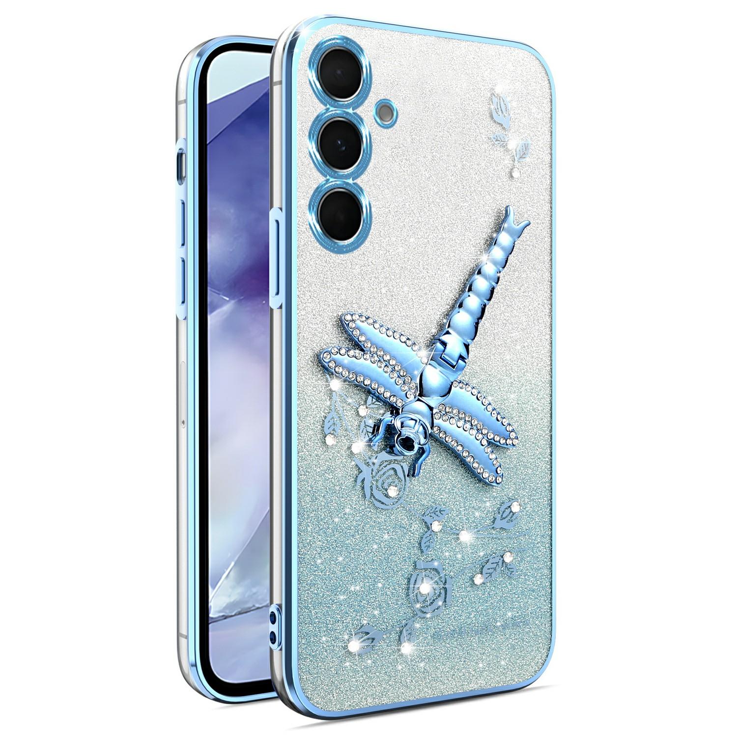 

For Samsung Galaxy A55 5G Case Dragonfly Kickstand TPU Flowers Glitter Phone Cover Blue