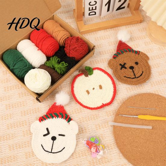 Handmade Cup Mat Christmas Bear Fruit Crochet Coaster Kit DIY Crocheting Beginner Friendly Set with Accessory Knitting Round Mug for Table