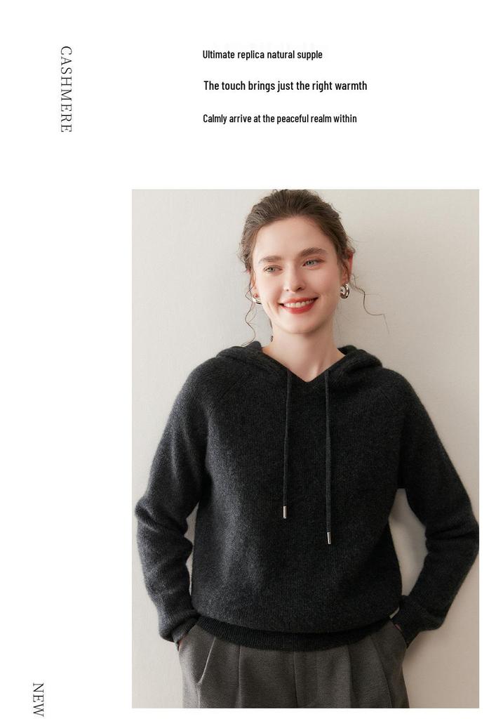 Women's Cashmere Drawstring Hoodie: Autumn & Winter Long Sleeve Knit Sweatshirt