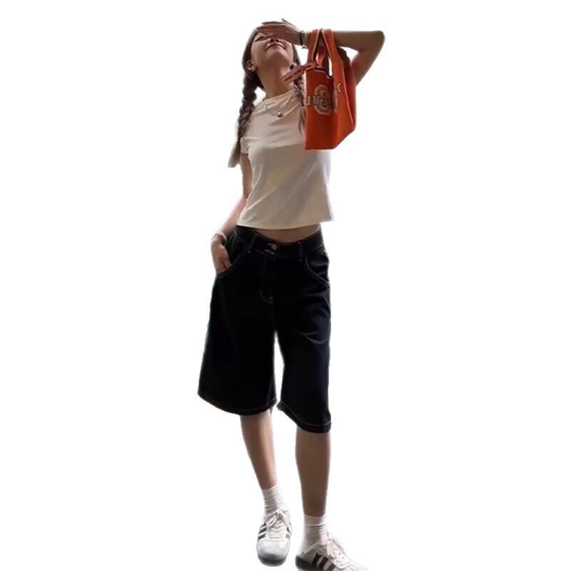 American-style black denim shorts for women, summer high-waisted slimming straight loose versatile 5-point wide-leg mid-length pants
