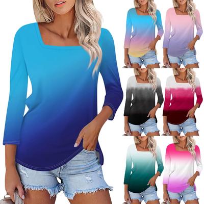Shirt For Women's Fashion Casual Square Neck 3/4 Sleeve Loose Printed T-Shirt Ladies Top