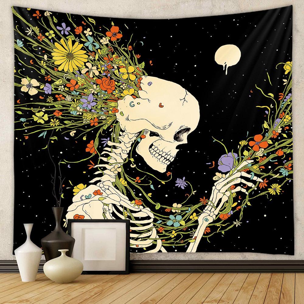 The Lovers Tarot Card Tapestry Skeleton Kissing Wall Hanging Vintage Floral Polyester Decor for Bedroom Living Room Aesthetic