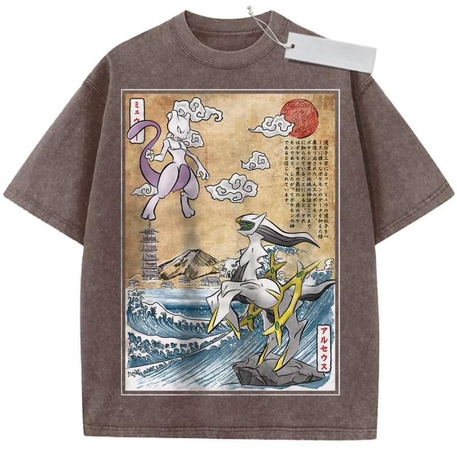 T Shirt Sports T Shirt Short Sleeve T Shirt Multi Color Unisex Pure Cotton Washed Vintage Pokemon Mewtwo and Arceus Japanese