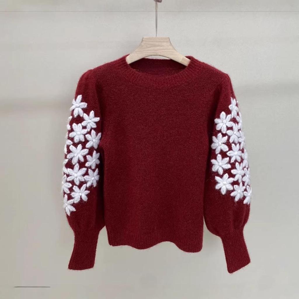 French Retro Red Embroidered Floral Crochet Wool Sweater for Women - 2026 Spring Collection