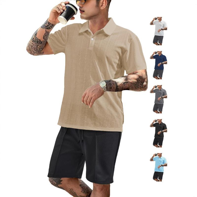 Mens Casual Two Piece Outfit Textured Short Sleeve Polo Shirt And Drawstring Shorts Set