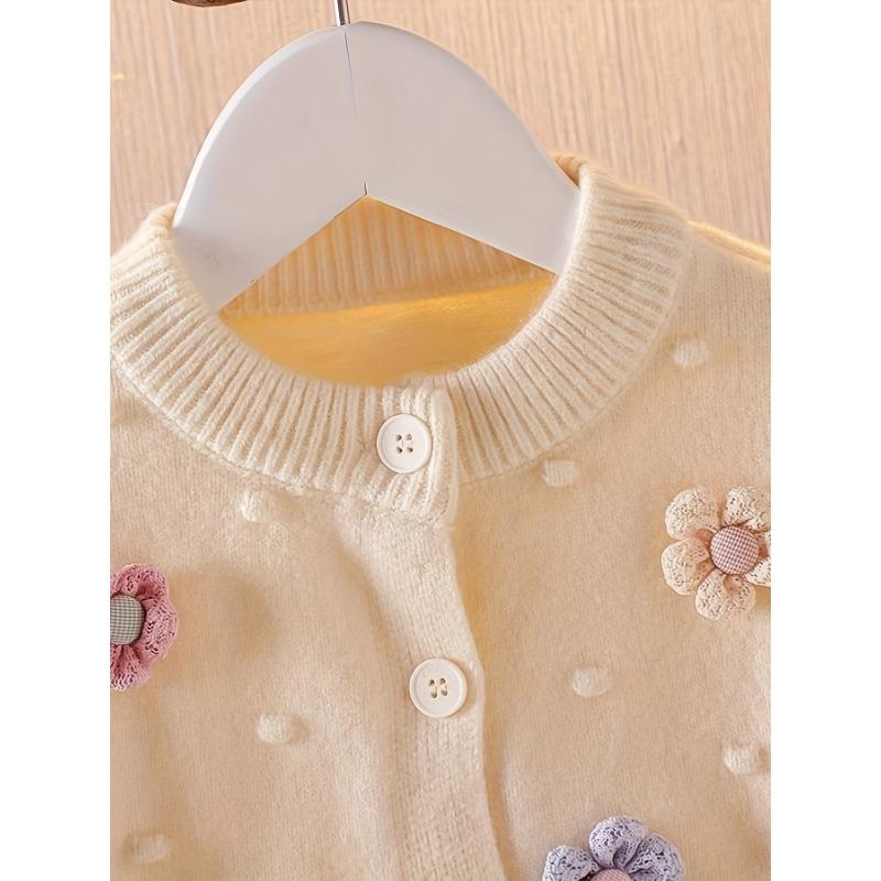 Girls' Embroidered 3D Floral Cardigan Sweater - Soft Pink Pastel Pastel Knit with Blue & Purple Flowers, Machine Washable Round Neck Long Sleeve