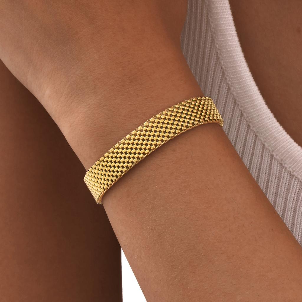 Stainless Steel Chain Women Bracelet, Wide Brand Mesh Link Adjustable Wristband, 18k PVD Gold Plated Vintage Jewelry