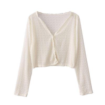 Women's Summer Air-Conditioned Cardigan - Ice Silk Knit, Sun Protection, V-Neck, Lace Trim, Long Sleeve, Loose Fit.