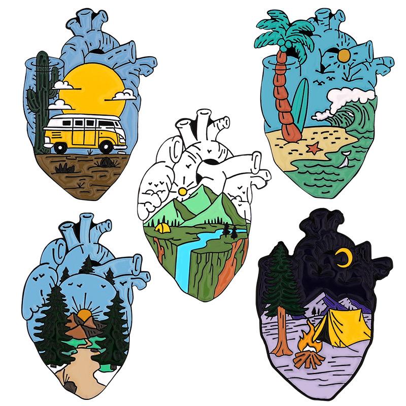 Landscape Rive Moutain Tent Bus In Heart Metal Design Badges Brooch Enamel Pins Label Bag Backpack Hat Jewelry Gift Accessories