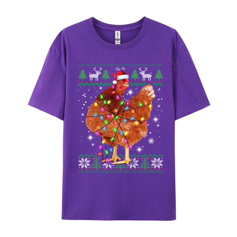Ugly Christmas Chicken Santa Hat Lights Sweater Xmas T-Shirts Natural Cotton Man Fashion T-Shirt Chicken Santa T-Shirts Casual
