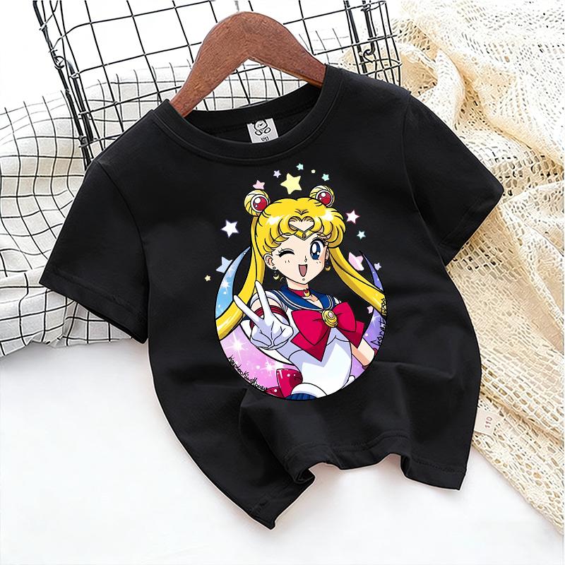 SailorsMoon Anime Girl's T-shirt Cotton Clothes Cute Cartoon Printed Toddler Sweatshirt Casual Short Sleeve Kids Game Trend Tops