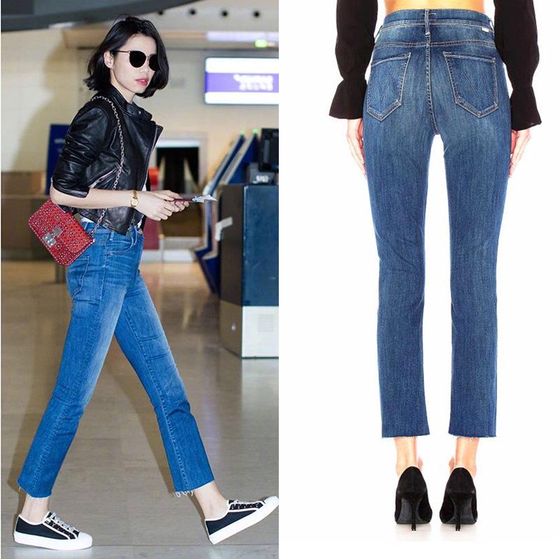 

Nanyou 111 Джинсы-капри прямого кроя с высокой посадкой, в европейско-американском стиле, слим, с желтой цветочной отделкой 26