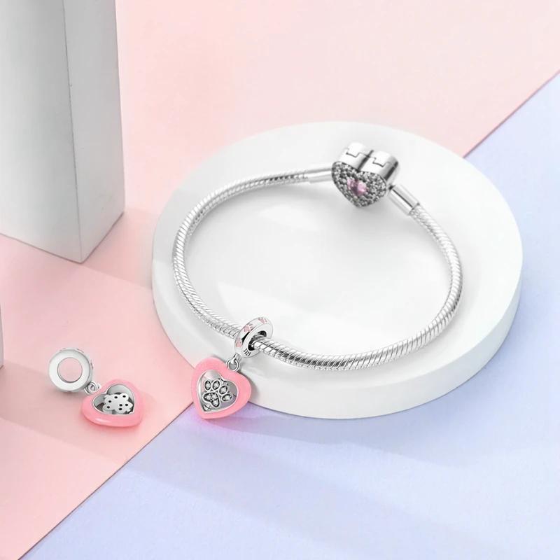 Charms Coppercute Pink Dog-Paw Heart-Shaped Pendants Fit Charms Plataoriginal Bracelet Women Jewellery Making Gifts