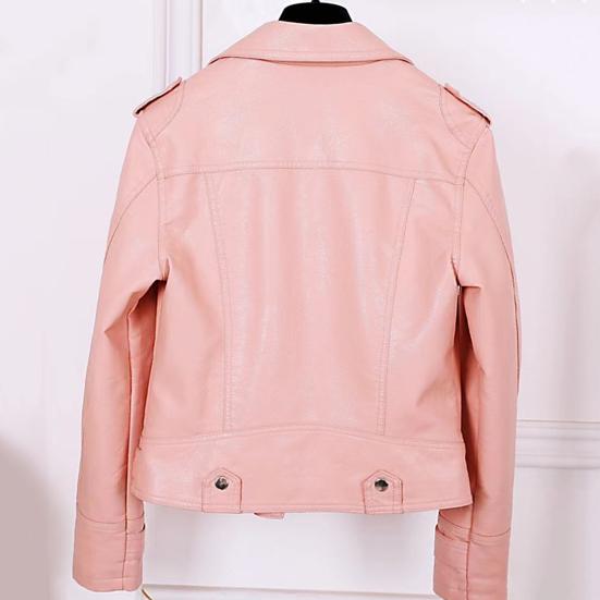 Women Jacket Faux Leather Smooth Surface Turn-down Collar Zip-up Zipper And Rivet Decor