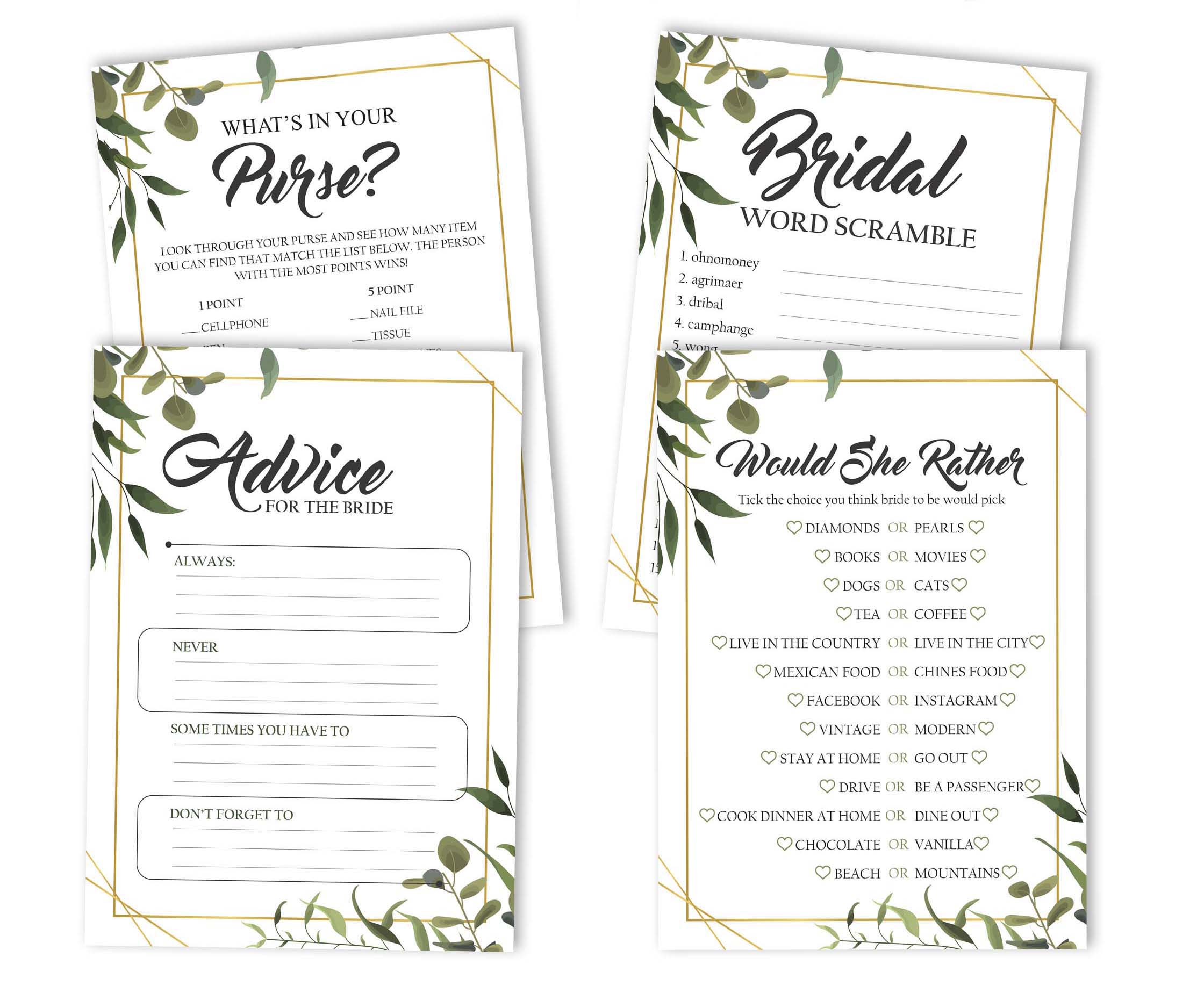 

Inkdotpot Greenery Bridal Shower Games Set of 4(50 аркушів кожен) w Набір веселих ігор для дівич-вечора Miss to Mrs Gold Banner 5 x 7 Inches білий
