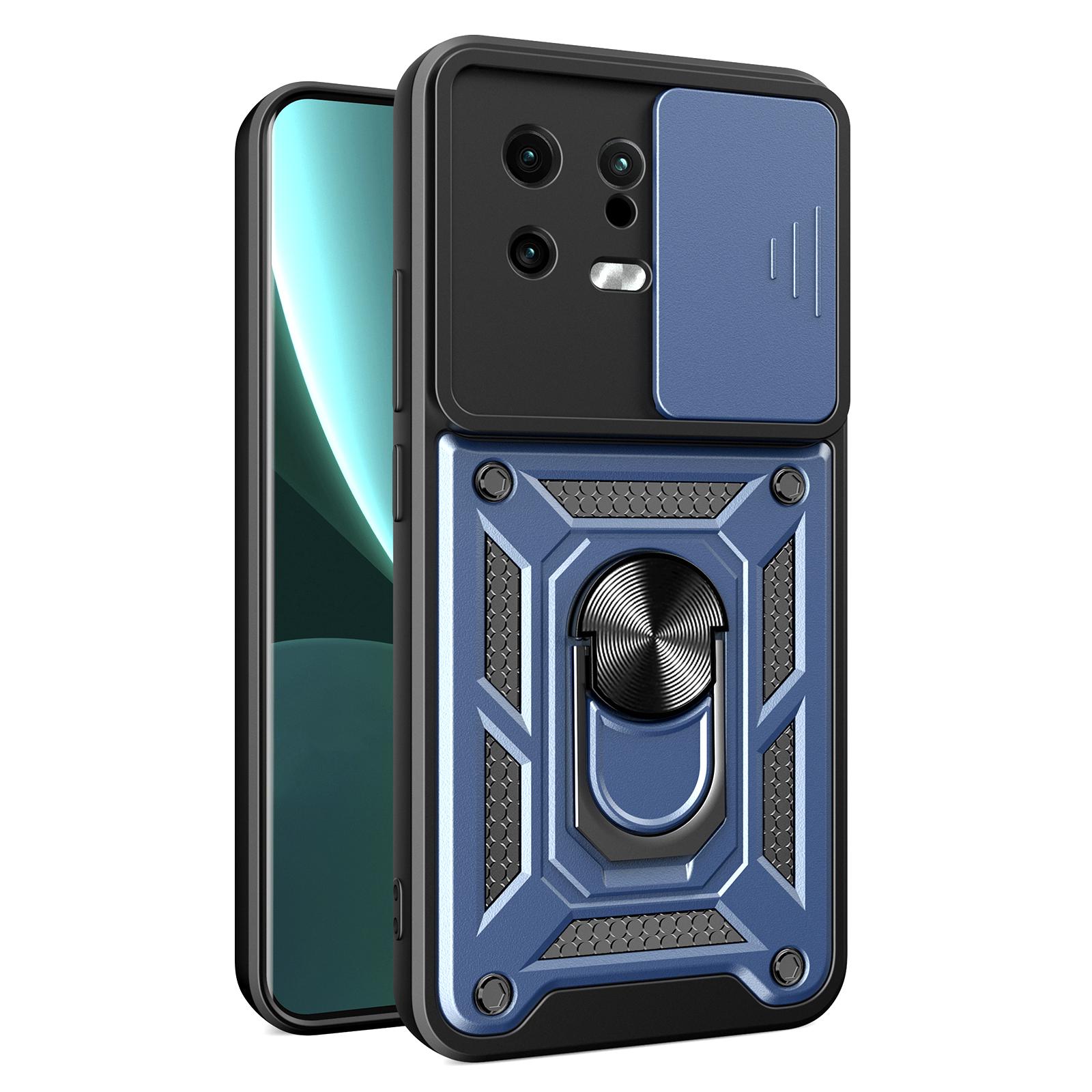 

For Xiaomi 13 5G Ring Holder Kickstand PC+TPU Hybrid Case Anti-drop Phone Cover with Slide Camera Protection Blue