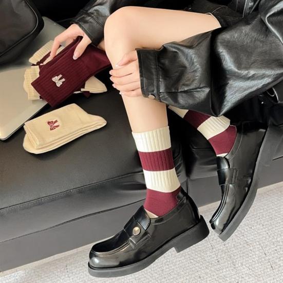 1 Pair Mid-tube Socks Striped Print Bowknot Patten College Style Socks Elastic Warm Socks Versatile Footwear Accessory