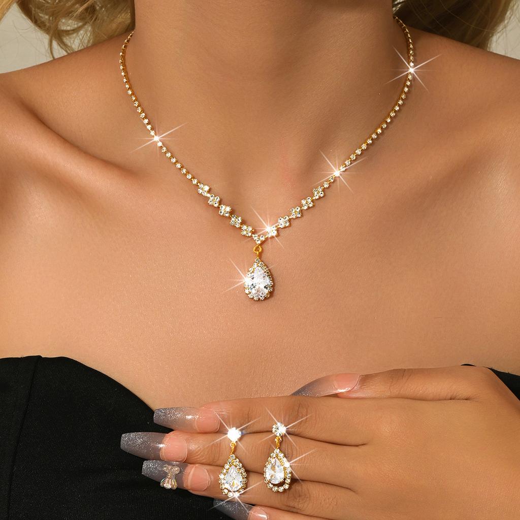 Brautschmuck Halskette Armband Set Strass Zirkon Hochzeitskleid Damen Hochzeitsaccessoires Premium Zweiteiliges Set