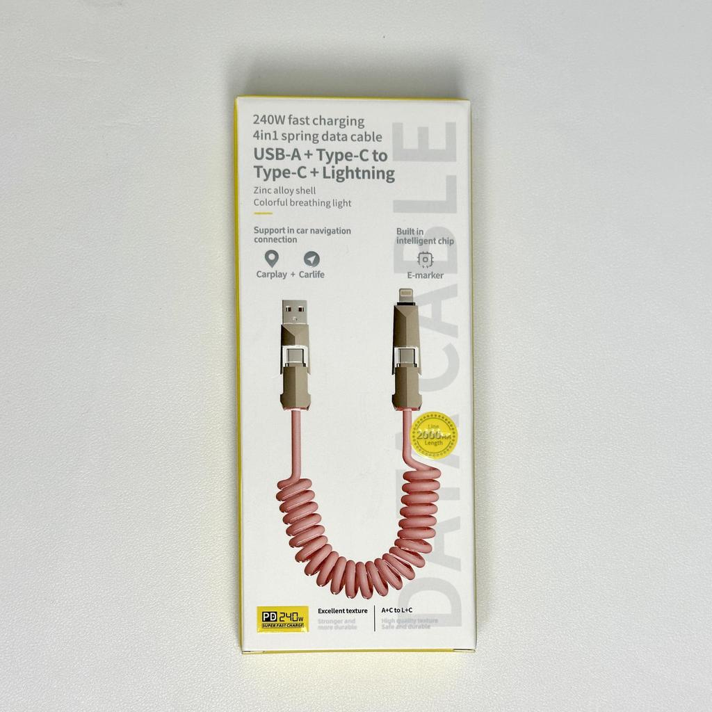 240W Cyber Spring 4-in-1 Retractable Data Cable for Apple & Huawei iPhone 16