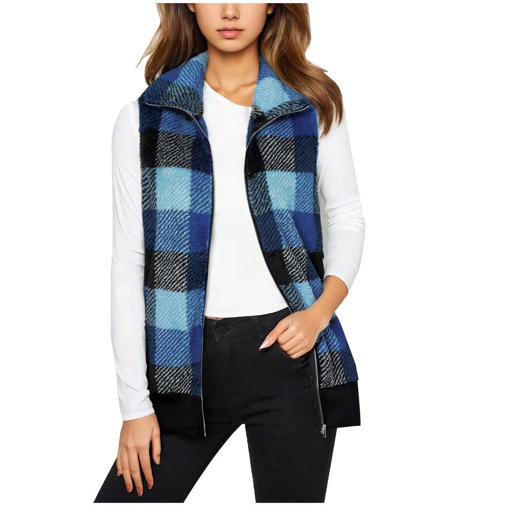 Women's Zipper Plaid Vest Sleeveless Lapel Front Cardigan Wool Sweater Autumn Fashion Plush Jacket Coat