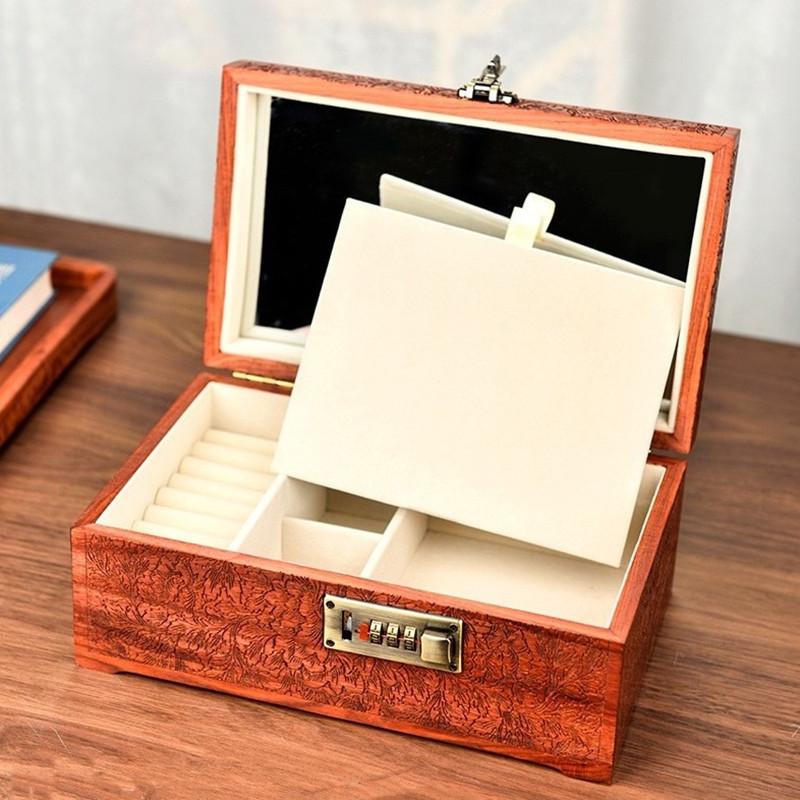 Sandalwood Jewelry Storage Box Valuable Jewellery Protect Case Peony Trinket Collection Boxes Household Lockable Organizer Cases
